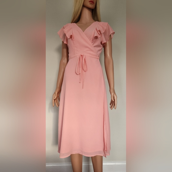 NEW LOOK SOFT PINK RUFFLES CRISS CROSS OPEN BACK WRAP STYLE MIDI DRESS US.6 NWOT - Picture 4 of 13